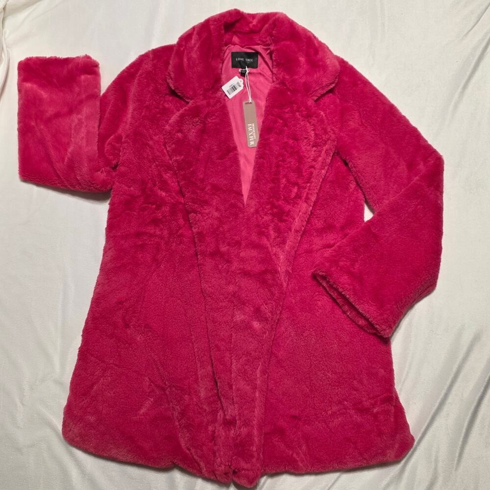 NWT Love Tree Oversized Plush Faux Fur Baddie Hot Pink Teddy Coat Jacket, Small